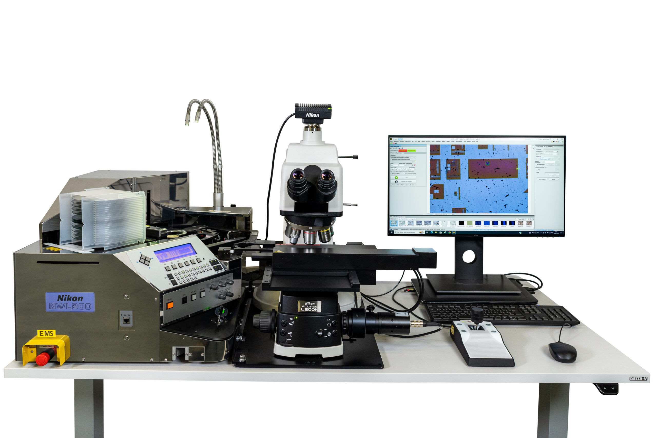 Nikons NWL200-Waferlader unterstützen die umfassende Inspektion von Halbleiterwafern mit einem Durchmesser von 6„ (150 mm) und 8“ (200 mm) mit Hilfe von Lichtmikroskopen oder Videomesssystemen wie z. B. Nikon NEXIV.