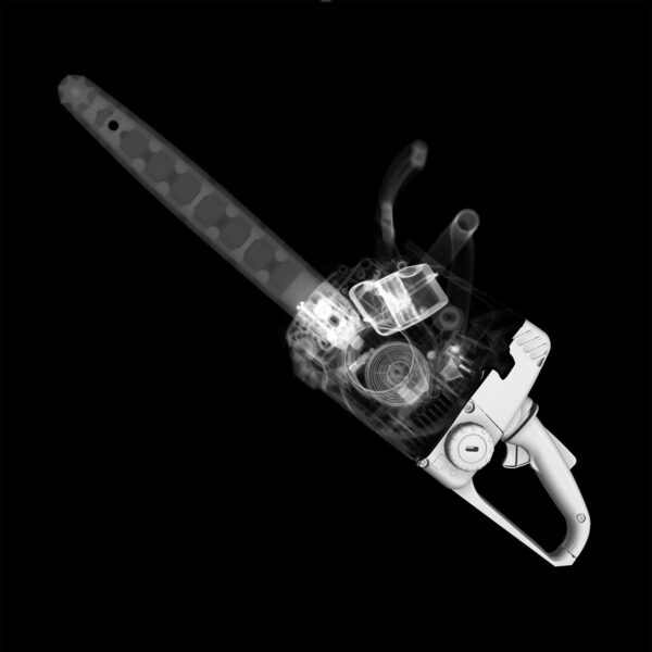 An X-ray image of a chainsaw