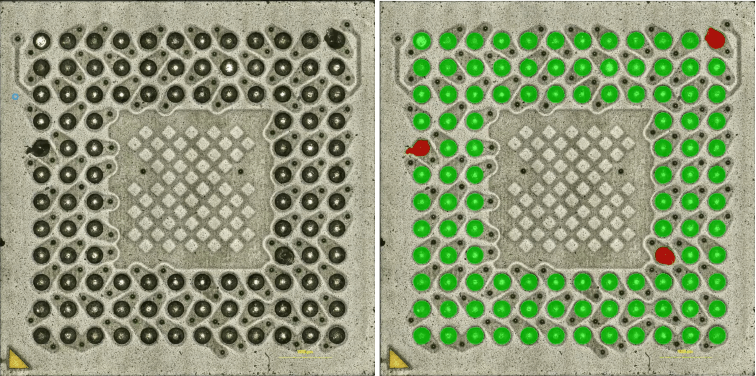 Nikon Metrology Europe AI-supported identification of defective contacts in a ball grid array.